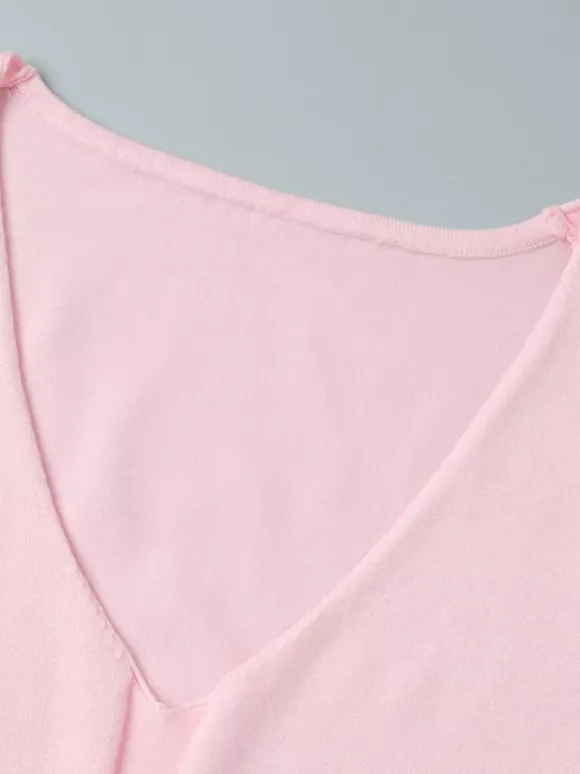 Robe longue en maille rose pâle à col V pour femme style élégant au quotidien
