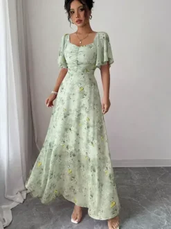 Robe longue en mousseline imprimée papillons pour femme - Buste froncé manches papillon - Idéale pour une soirée romantique ou un mariage d'été au jardin (collection 2026)