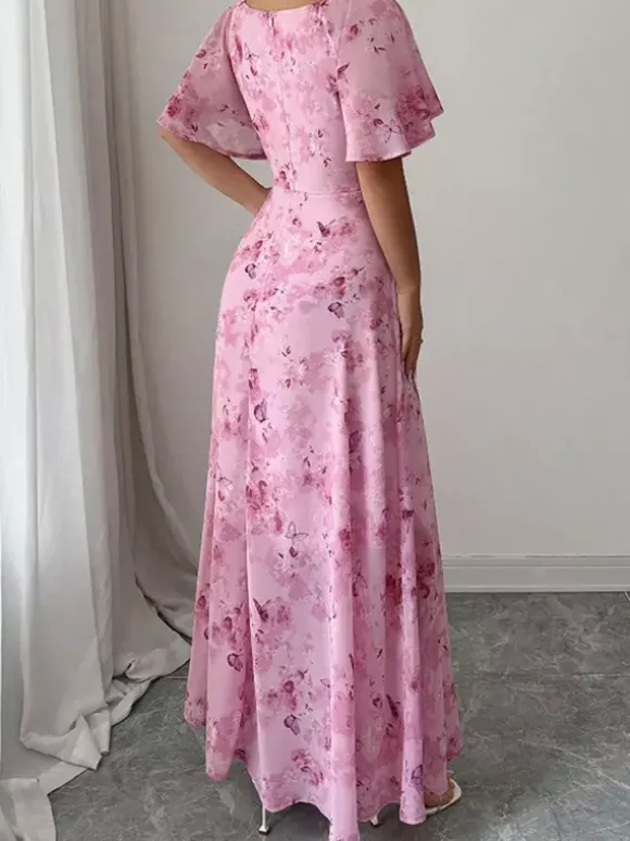 Robe longue en mousseline imprimée papillons pour femme - Buste froncé manches papillon - Idéale pour une soirée romantique ou un mariage d'été au jardin (collection 2026)