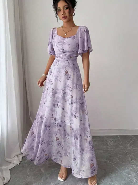 Robe longue en mousseline imprimée papillons pour femme - Buste froncé manches papillon - Idéale pour une soirée romantique ou un mariage d'été au jardin (collection 2026)