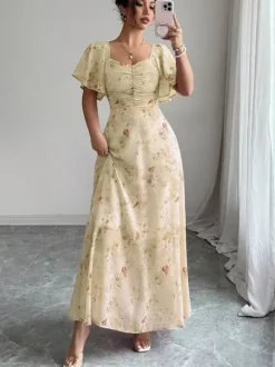 Robe longue en mousseline imprimée papillons pour femme - Buste froncé manches papillon - Idéale pour une soirée romantique ou un mariage d'été au jardin (collection 2026)
