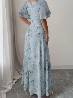 Robe longue en mousseline imprimée papillons pour femme - Buste froncé manches papillon - Idéale pour une soirée romantique ou un mariage d'été au jardin (collection 2026)