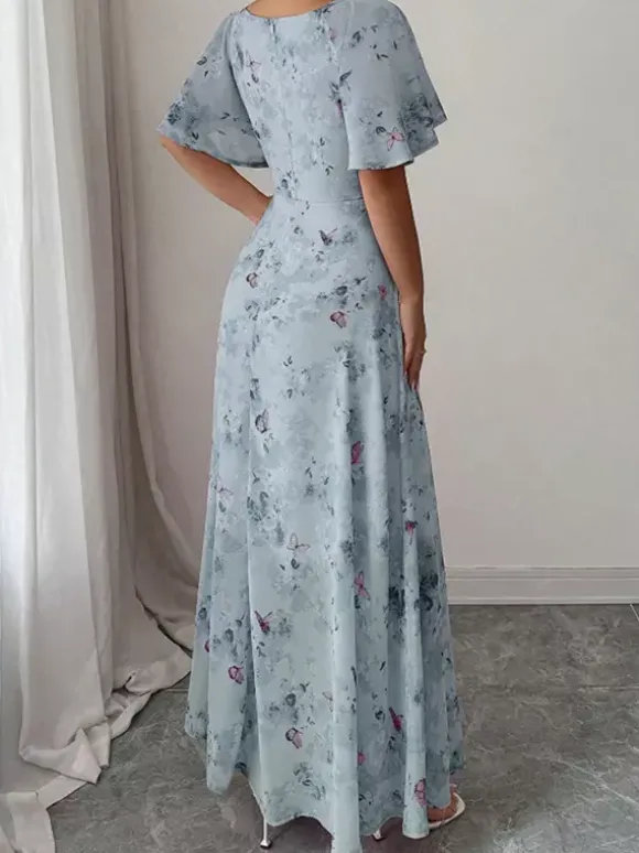 Robe longue en mousseline imprimée papillons pour femme - Buste froncé manches papillon - Idéale pour une soirée romantique ou un mariage d'été au jardin (collection 2026)