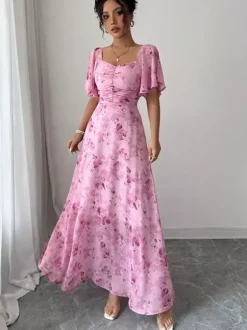 Robe longue en mousseline imprimée papillons pour femme - Buste froncé manches papillon - Idéale pour une soirée romantique ou un mariage d'été au jardin (collection 2026)