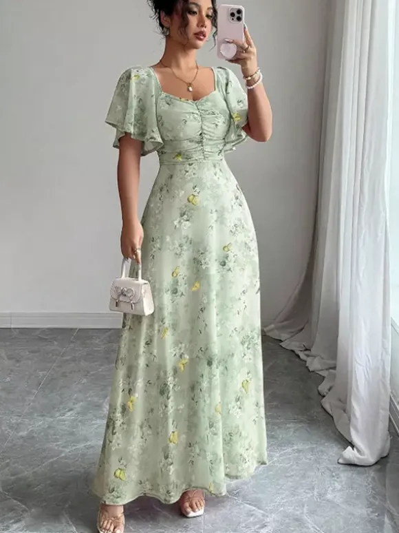 Robe longue en mousseline imprimée papillons pour femme - Buste froncé manches papillon - Idéale pour une soirée romantique ou un mariage d'été au jardin (collection 2026)