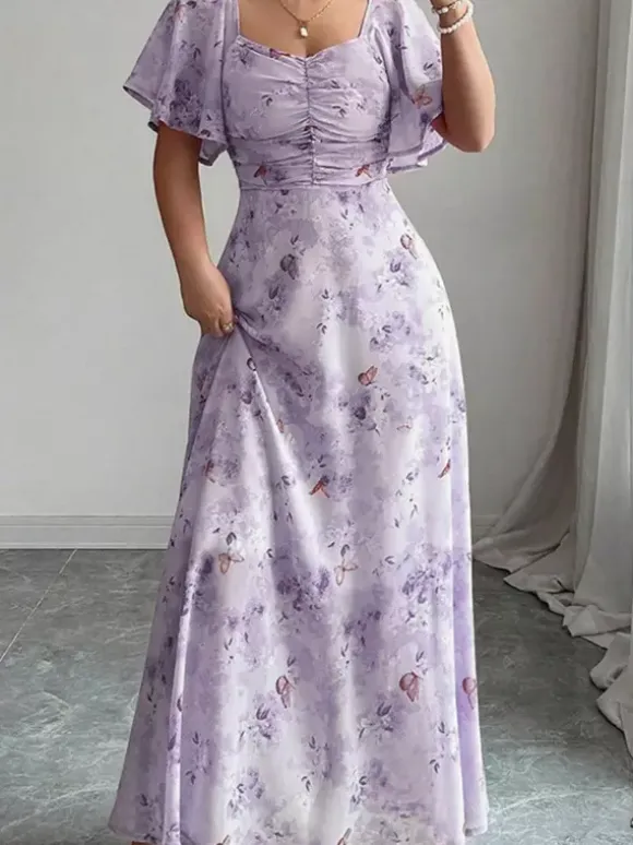 Robe longue en mousseline imprimée papillons pour femme - Buste froncé manches papillon - Idéale pour une soirée romantique ou un mariage d'été au jardin (collection 2026)