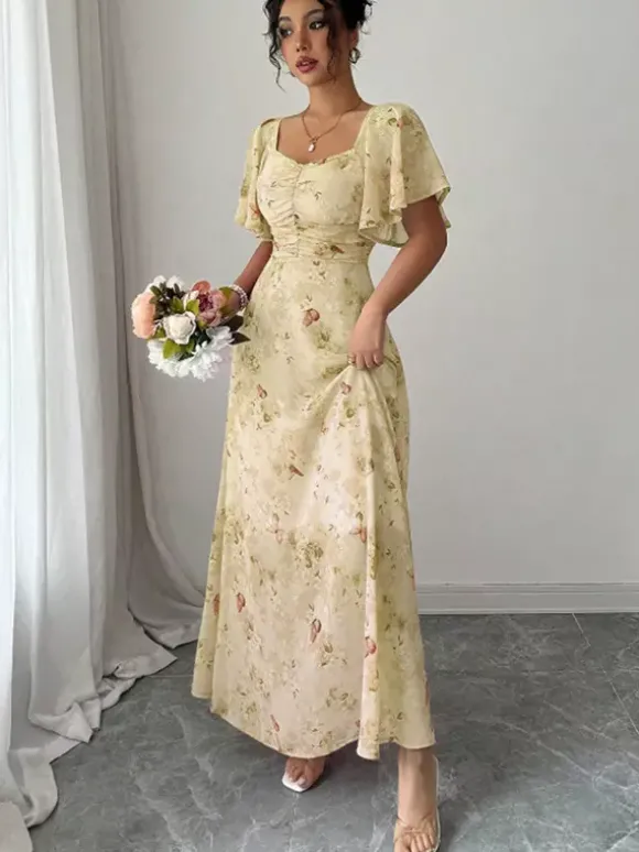 Robe longue en mousseline imprimée papillons pour femme - Buste froncé manches papillon - Idéale pour une soirée romantique ou un mariage d'été au jardin (collection 2026)