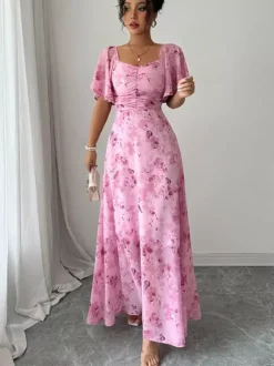 Robe longue en mousseline imprimée papillons pour femme - Buste froncé manches papillon - Idéale pour une soirée romantique ou un mariage d'été au jardin (collection 2026)