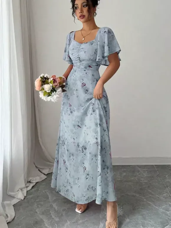Robe longue en mousseline imprimée papillons pour femme - Buste froncé manches papillon - Idéale pour une soirée romantique ou un mariage d'été au jardin (collection 2026)