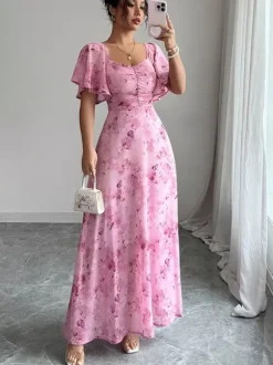 Robe longue en mousseline imprimée papillons pour femme - Buste froncé manches papillon - Idéale pour une soirée romantique ou un mariage d'été au jardin (collection 2026)