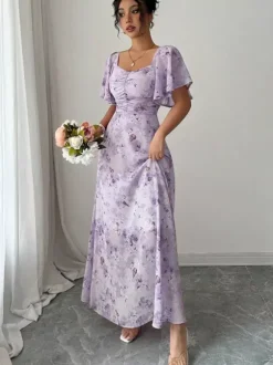 Robe longue en mousseline imprimée papillons pour femme - Buste froncé manches papillon - Idéale pour une soirée romantique ou un mariage d'été au jardin (collection 2026)