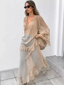 Robe longue en mousseline transparente pour femme - Style bohème kaki manches évasées à volants col en V coupe fluide - Collection printemps-été décontractée 2026