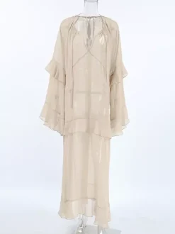 Robe longue en mousseline transparente pour femme - Style bohème kaki manches évasées à volants col en V coupe fluide - Collection printemps-été décontractée 2026