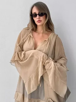 Robe longue en mousseline transparente pour femme - Style bohème kaki manches évasées à volants col en V coupe fluide - Collection printemps-été décontractée 2026