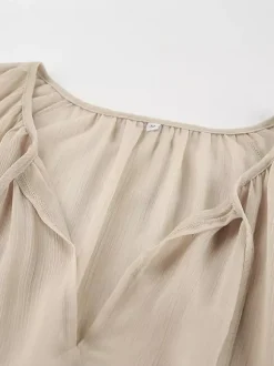 Robe longue en mousseline transparente pour femme - Style bohème kaki manches évasées à volants col en V coupe fluide - Collection printemps-été décontractée 2026