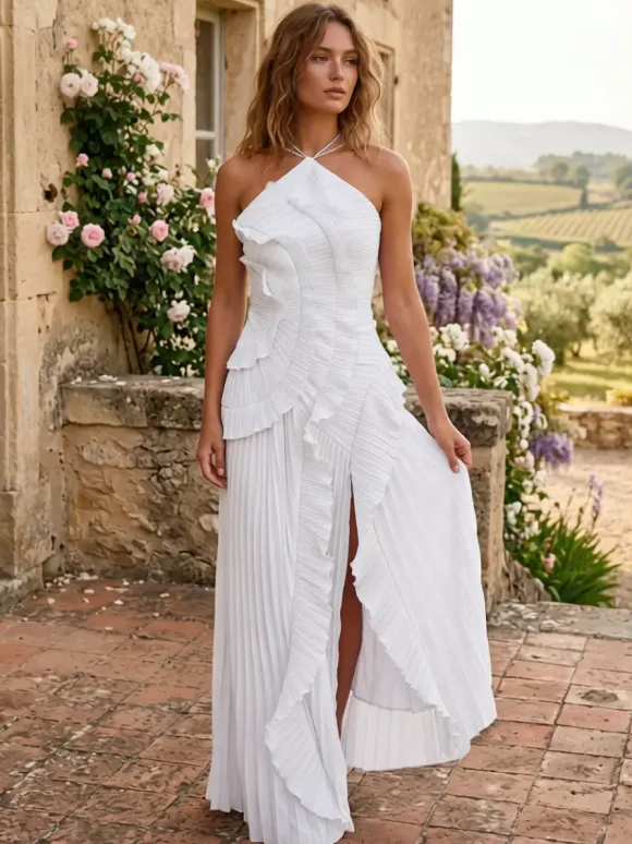 Robe longue en mousseline à volants et col licou avec ourlet irrégulier pour événements spéciaux 2026