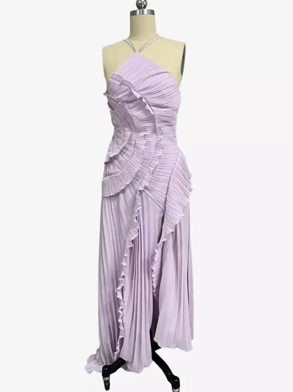 Robe longue en mousseline à volants et col licou avec ourlet irrégulier pour événements spéciaux 2026