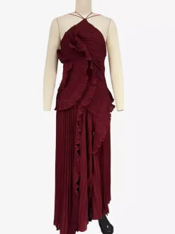 Robe longue en mousseline à volants et col licou avec ourlet irrégulier pour événements spéciaux 2026