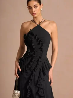 Robe longue en mousseline à volants et col licou avec ourlet irrégulier pour événements spéciaux 2026