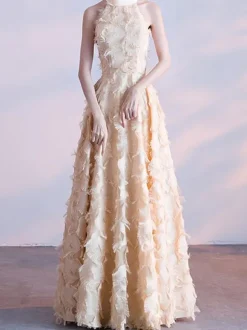 Robe longue en plumes Halter sans manches A-Line Robes de bal élégantes