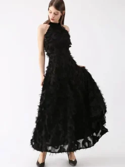 Robe longue en plumes Halter sans manches A-Line Robes de bal élégantes
