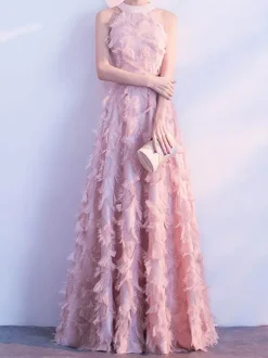 Robe longue en plumes Halter sans manches A-Line Robes de bal élégantes