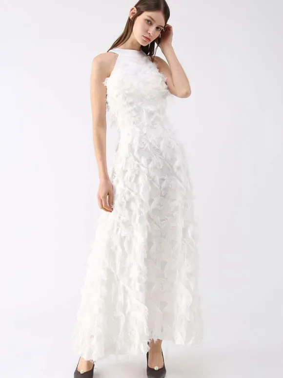 Robe longue en plumes Halter sans manches A-Line Robes de bal élégantes