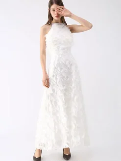 Robe longue en plumes Halter sans manches A-Line Robes de bal élégantes