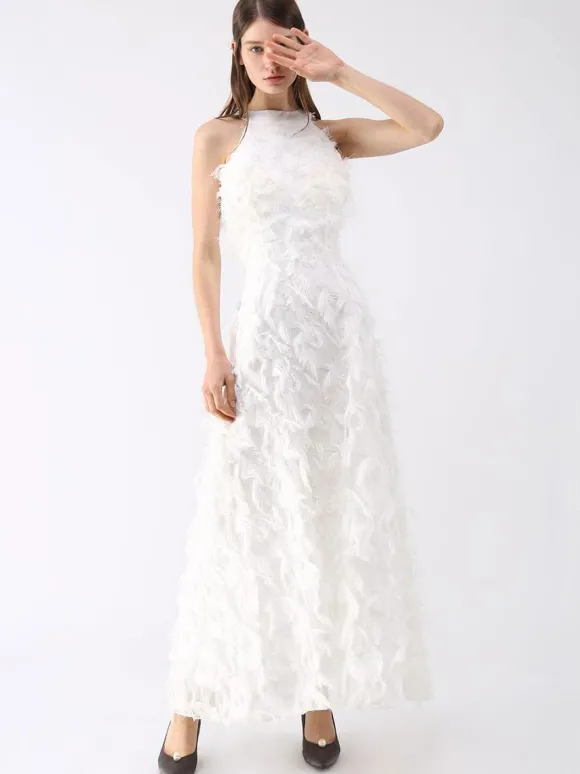 Robe longue en plumes Halter sans manches A-Line Robes de bal élégantes