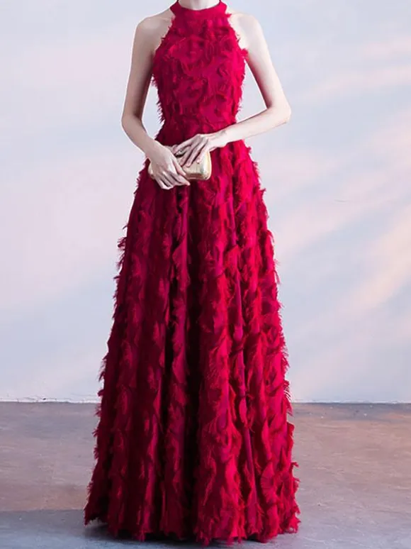 Robe longue en plumes Halter sans manches A-Line Robes de bal élégantes