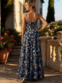 Robe longue en tulle brodée de fleurs bretelles spaghetti carrées coupe trapèze idéale pour une invitée de mariage ou une cérémonie.