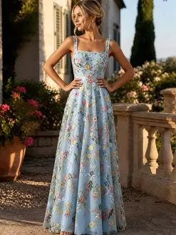 Robe longue en tulle brodée de fleurs bretelles spaghetti carrées coupe trapèze idéale pour une invitée de mariage ou une cérémonie.