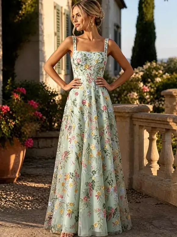 Robe longue en tulle brodée de fleurs bretelles spaghetti carrées coupe trapèze idéale pour une invitée de mariage ou une cérémonie.