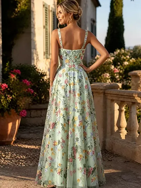 Robe longue en tulle brodée de fleurs bretelles spaghetti carrées coupe trapèze idéale pour une invitée de mariage ou une cérémonie.