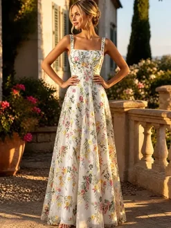 Robe longue en tulle brodée de fleurs bretelles spaghetti carrées coupe trapèze idéale pour une invitée de mariage ou une cérémonie.