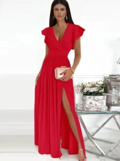 Robe Longue Femme Imprimé avec Manches Courtes Volantes à Col Décolleté en V Coupe Cintrée avec Fente Bicolores
