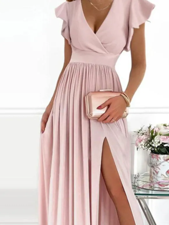 Robe Longue Femme Imprimé avec Manches Courtes Volantes à Col Décolleté en V Coupe Cintrée avec Fente Bicolores