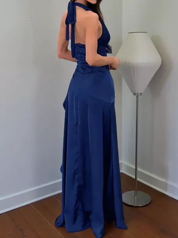Robe longue fendue bleu roi pour femme - Élégante robe dos nu asymétrique à volants - Tenue de soirée d'été glamour vintage 2026
