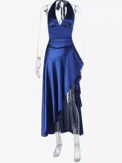 Robe longue fendue bleu roi pour femme - Élégante robe dos nu asymétrique à volants - Tenue de soirée d'été glamour vintage 2026