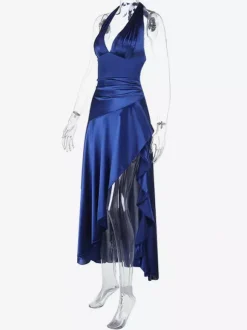 Robe longue fendue bleu roi pour femme - Élégante robe dos nu asymétrique à volants - Tenue de soirée d'été glamour vintage 2026