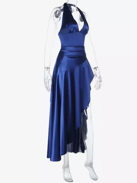 Robe longue fendue bleu roi pour femme - Élégante robe dos nu asymétrique à volants - Tenue de soirée d'été glamour vintage 2026