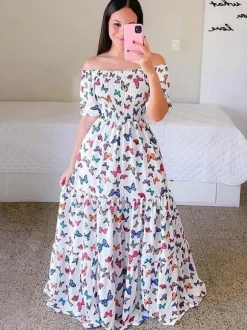 Robe longue imprimée à épaules dénudées et smocks pour femme - Robe d'été trapèze à manches courtes et volants - Idéale pour les vacances d'été à la plage 2026