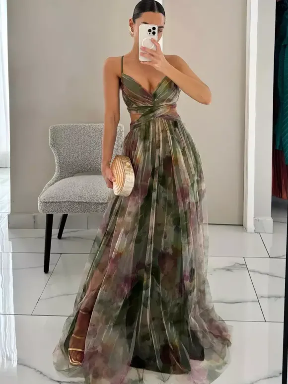 Robe longue à imprimé floral et bretelles découpes croisées à la taille longueur au sol élégante robe de soirée longue pour femme 2026
