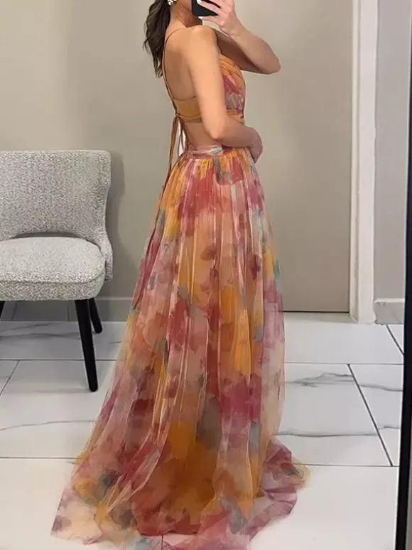 Robe longue à imprimé floral et bretelles découpes croisées à la taille longueur au sol élégante robe de soirée longue pour femme 2026