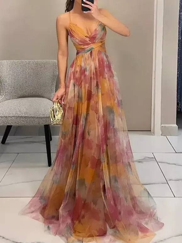 Robe longue à imprimé floral et bretelles découpes croisées à la taille longueur au sol élégante robe de soirée longue pour femme 2026