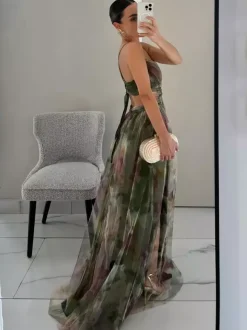 Robe longue à imprimé floral et bretelles découpes croisées à la taille longueur au sol élégante robe de soirée longue pour femme 2026