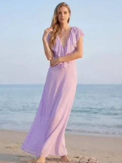 Robe longue élégante en mousseline à volants et col en V pour femme - Robe d'été bohème lavande dos nu fluide coupe trapèze - Invitée à un mariage d'été à la plage 2026