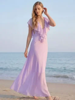 Robe longue élégante en mousseline à volants et col en V pour femme - Robe d'été bohème lavande dos nu fluide coupe trapèze - Invitée à un mariage d'été à la plage 2026