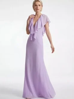 Robe longue élégante en mousseline à volants et col en V pour femme - Robe d'été bohème lavande dos nu fluide coupe trapèze - Invitée à un mariage d'été à la plage 2026