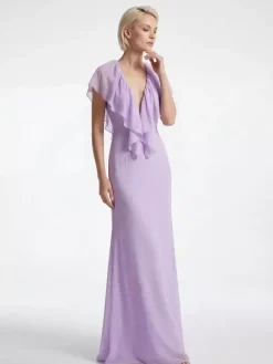Robe longue élégante en mousseline à volants et col en V pour femme - Robe d'été bohème lavande dos nu fluide coupe trapèze - Invitée à un mariage d'été à la plage 2026
